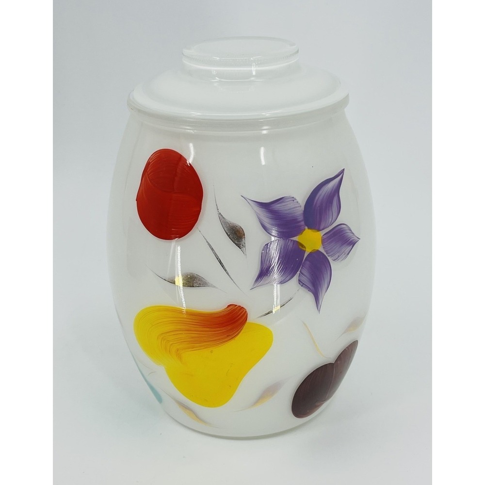Bartlett Collins Frosted White Cookie Jar 1960s Canister with Lid Fruit Flowers